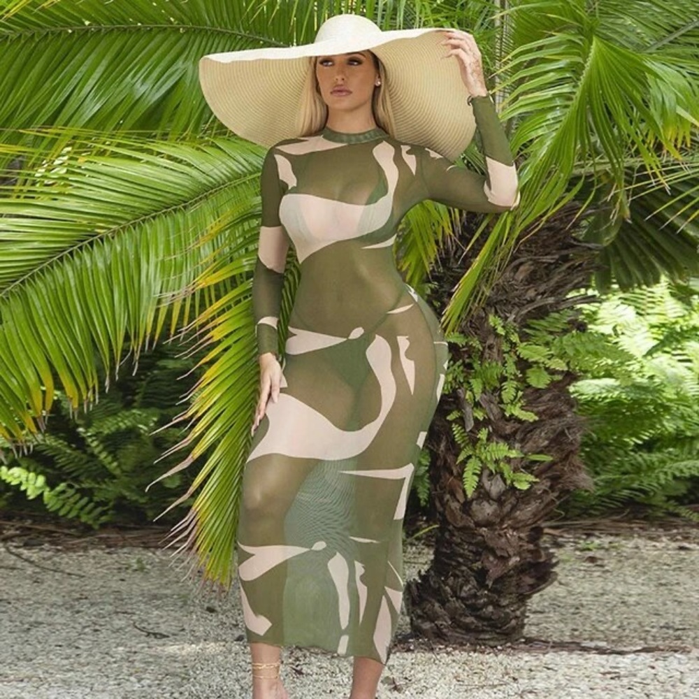 Olive and Nude Mesh Beach Maxi Dress/Cover Up